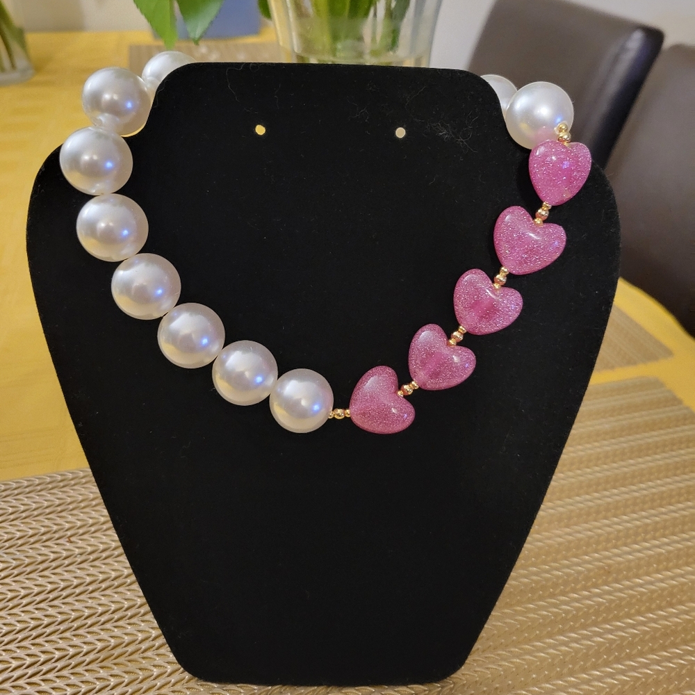 Hand Crafted Pink Heart and White Pearl Necklace